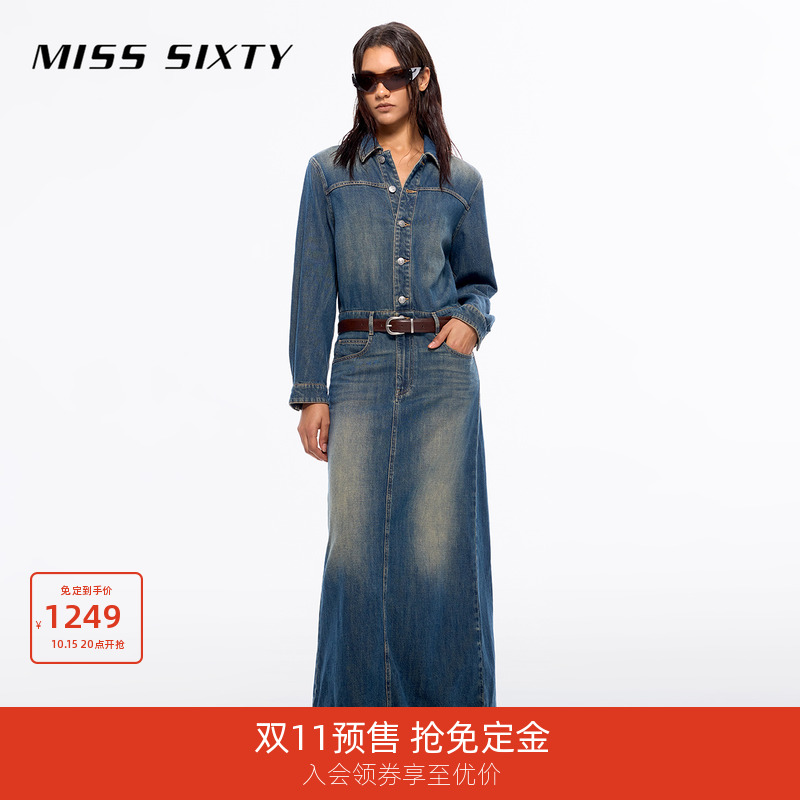 【免定金】Miss Sixty含莱赛尔牛仔连身连衣裙配腰带后开衩工装