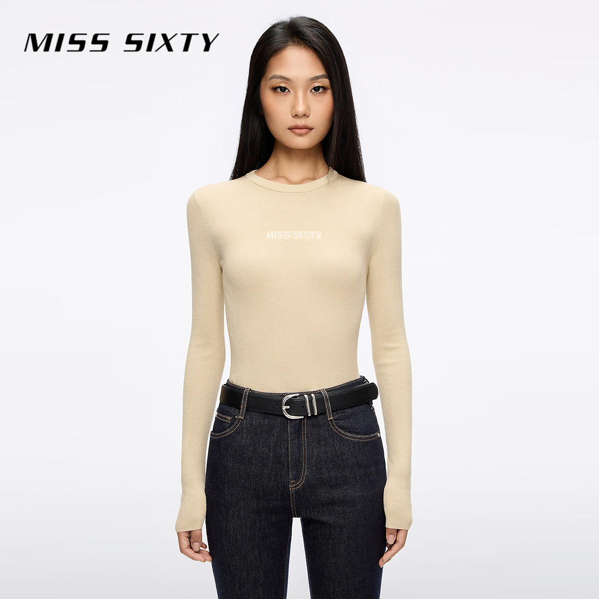 Miss Sixty2026春季针织衫女圆领修身羊毛桑蚕丝混纺提花气质上衣