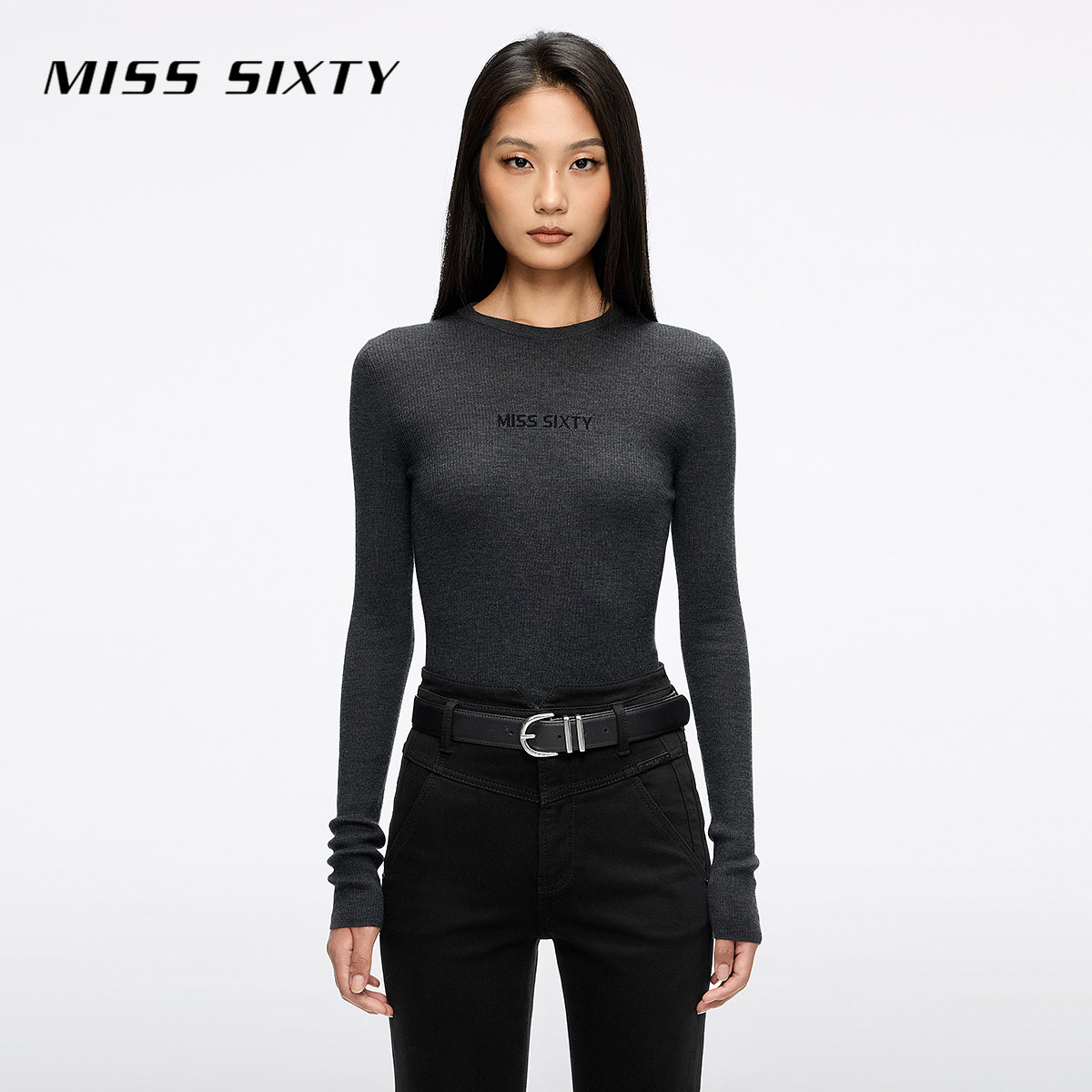 Miss Sixty2026春季针织衫女圆领修身羊毛桑蚕丝混纺提花气质上衣