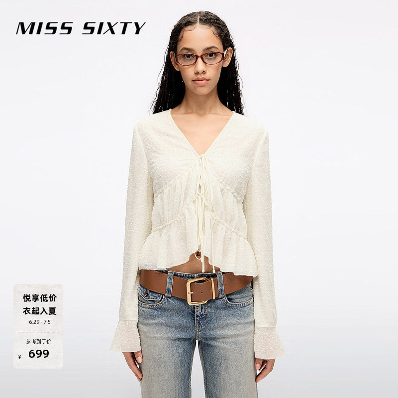 Miss Sixty2026春夏衬衫V领系带荷叶边雪纺珠片绣短款