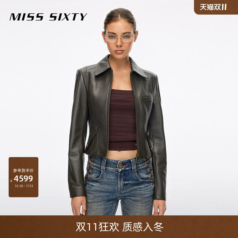 Miss Sixty2026秋季新款皮衣夹克女翻领油蜡羊皮革拉链