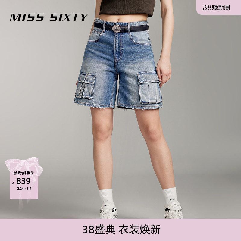 Miss Sixty纯棉牛仔短裤工装风口袋破洞高腰街头休闲直筒裤