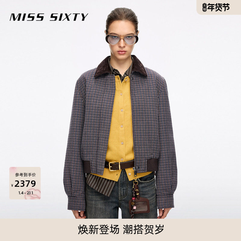 Miss Sixty2025冬季新款夹棉外套女翻领格子宽松工装夹克巴恩风厚,女装/女士精品,短外套,淘宝优惠券,粉丝福利购,淘宝优惠卷