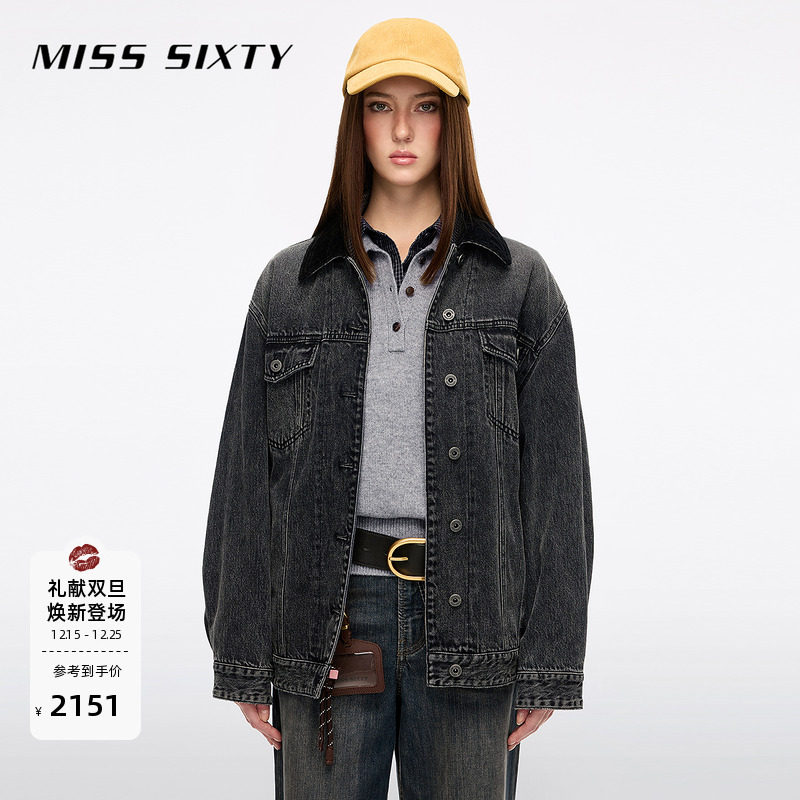 Miss Sixty2025冬季新款牛仔外套女拼接翻领复古洗水宽