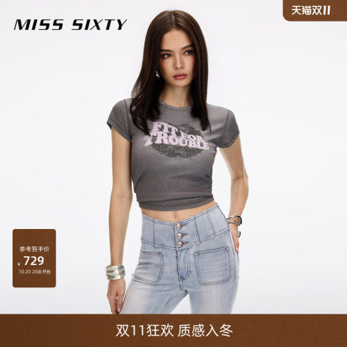 圆领设计 做旧洗水 英文唇印图案