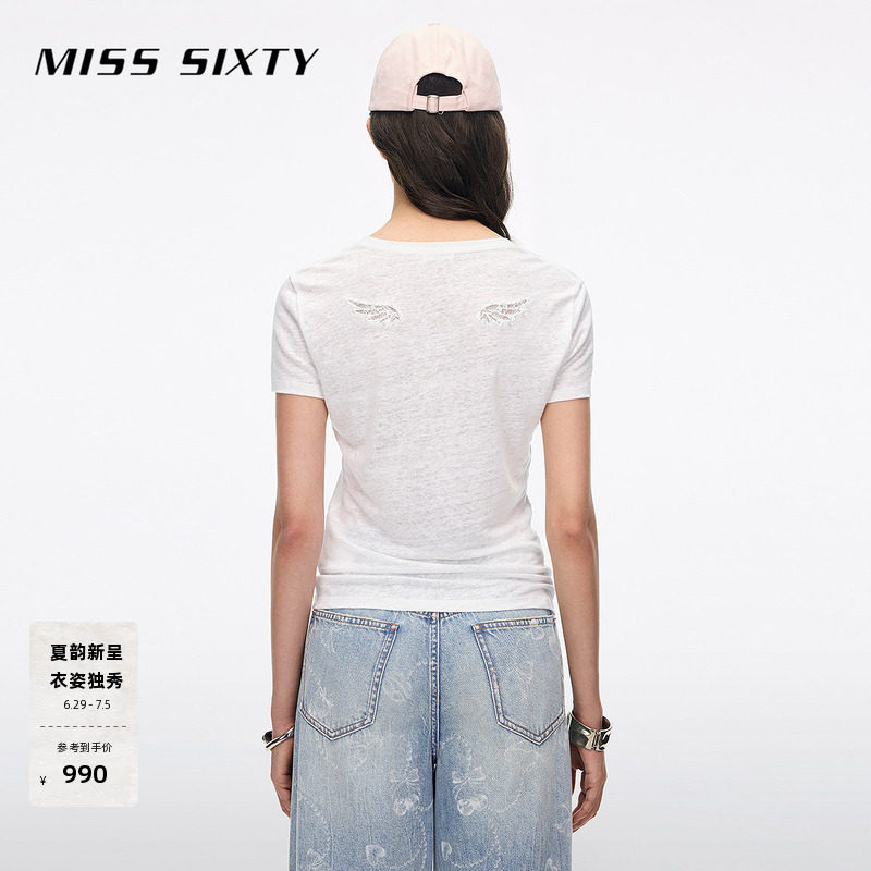 【亚麻】Miss Sixty26夏新款短袖薄T恤女V领镂空蕾丝羽
