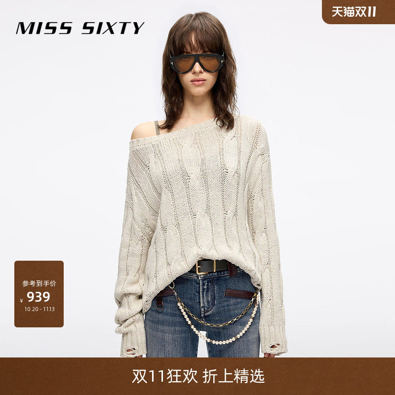 Miss Sixty秋季针织衫女气质上衣宽松短款不规则破洞设计毛衣
