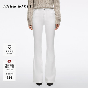 Sixty2025秋季 高腰显瘦微喇叭长裤 新款 女修身 白色抓毛牛仔裤 Miss