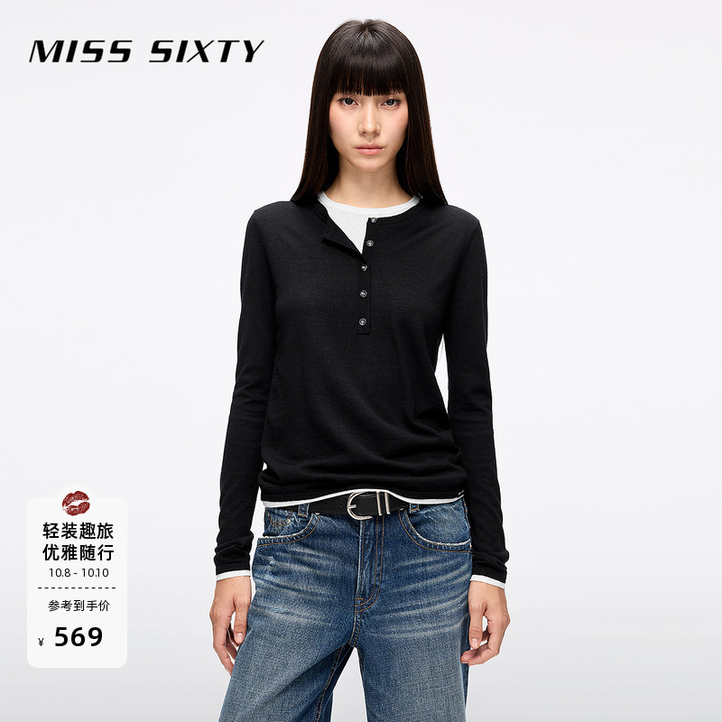 Miss Sixty25春秋羊毛桑蚕丝混纺针织衫女假两件上衣打底亨利衫