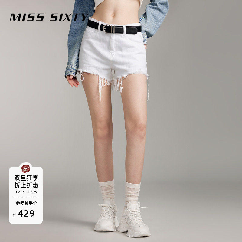 Miss Sixty春夏白色牛仔短裤女高腰显瘦百搭磨破洞直筒裤薄
