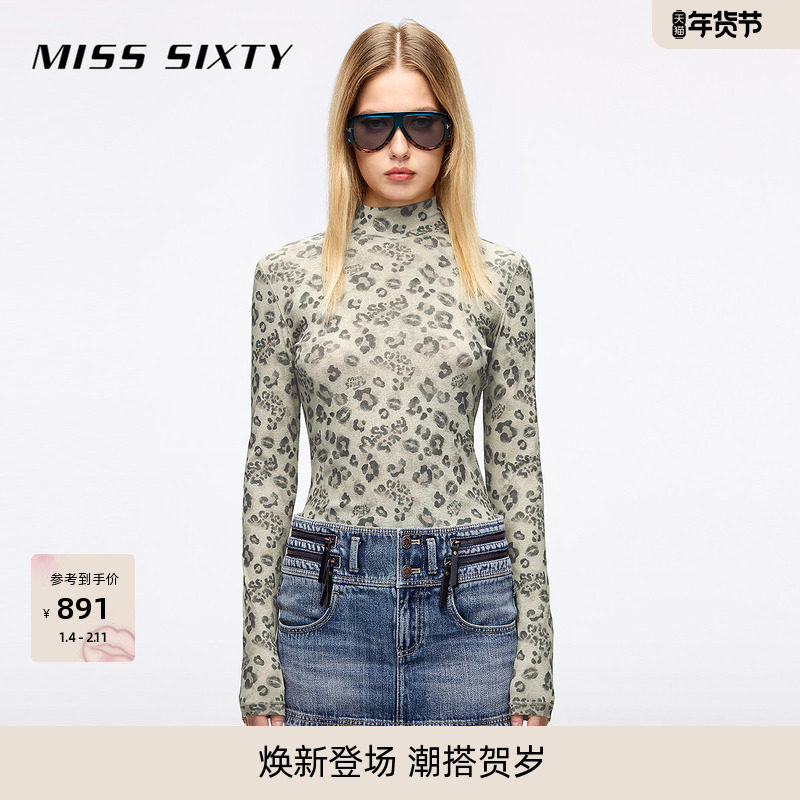 Miss Sixty2025秋季新款T恤女长袖豹纹紧身高领薄款美式甜酷上衣,女装/女士精品,T恤,淘宝优惠券,粉丝福利购,淘宝优惠卷
