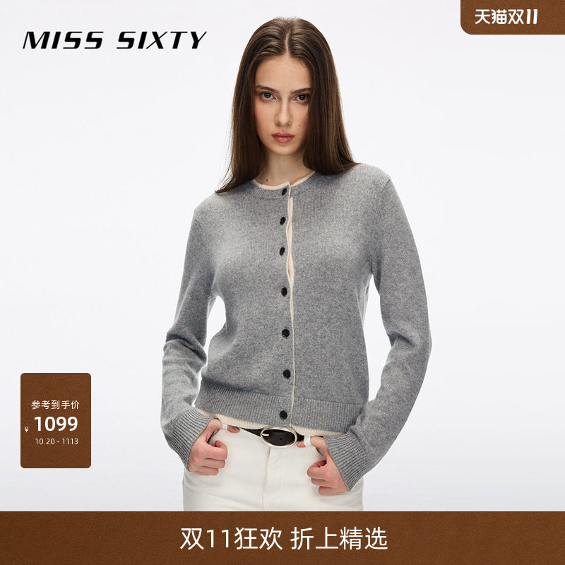 【100%山羊绒】Miss Sixty2026冬季新款针织开衫女假两件拼接撞色