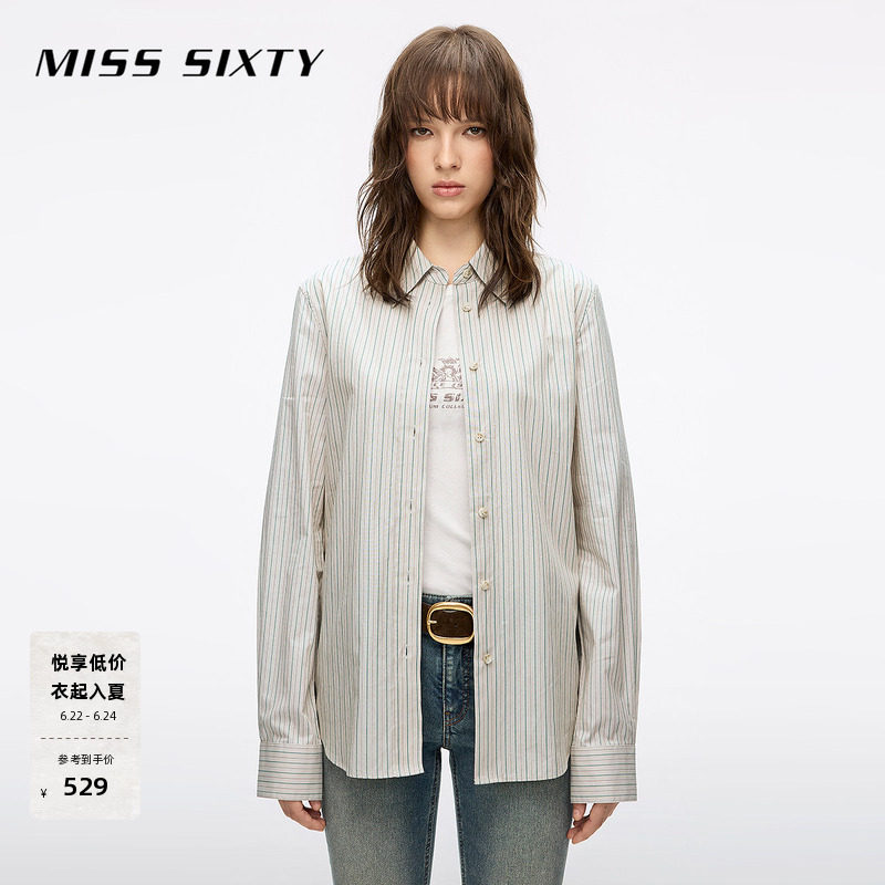 Miss Sixty2026春季衬衫女条纹翻领长袖上衣中长款休闲