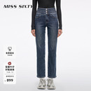 牛仔裤 Sixty25冬新款 Miss 女复古高腰直筒裤 保暖含羊绒