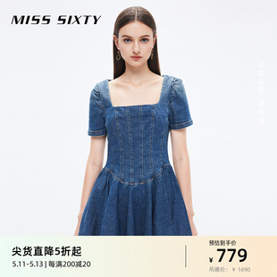 连衣裙女方领鱼骨裙短裙显瘦性感小个子牛仔裙 法式 Miss Sixty夏季