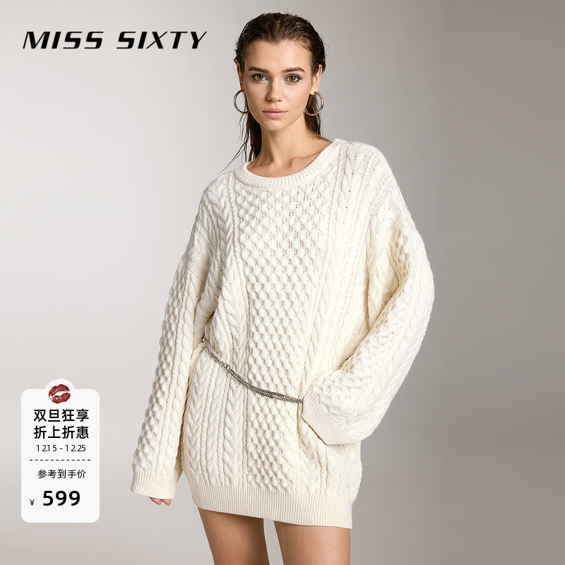 Miss Sixty附腰链羊毛针织衫上衣女圆领宽松长袖中长款两穿
