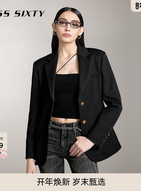 Miss Sixty老钱风西装外套女气质垫肩单排扣收腰高智感黑色通勤