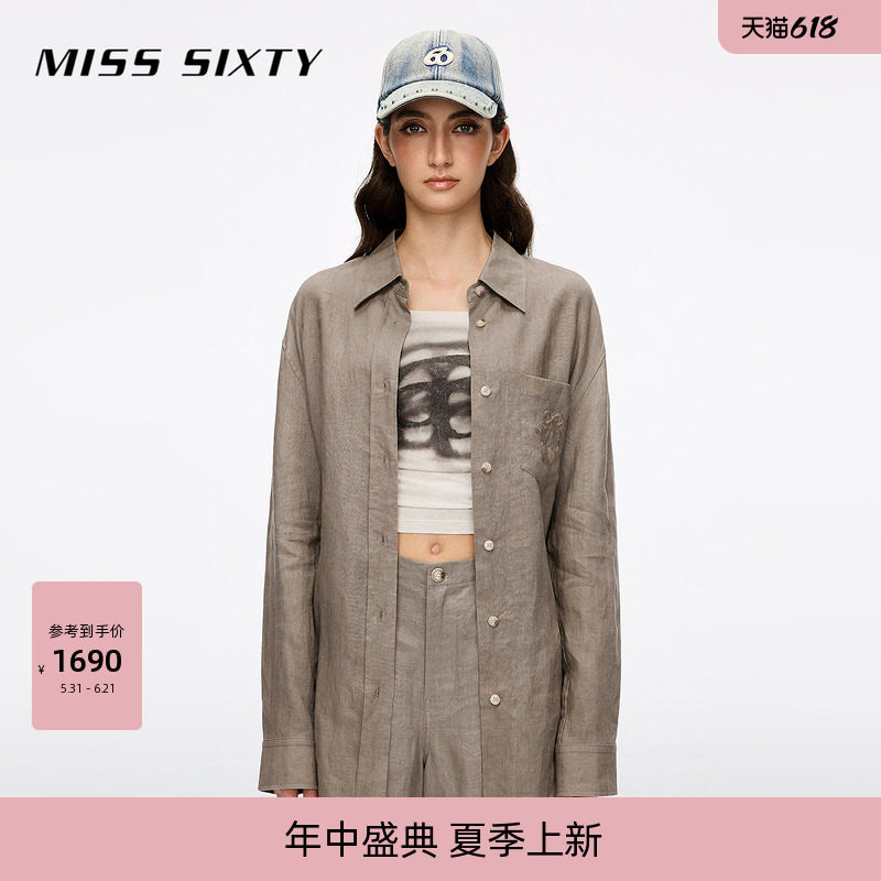 【亚麻】Miss Sixty26夏新款长袖衬衫女蝴蝶结刺绣老钱风淡人穿搭