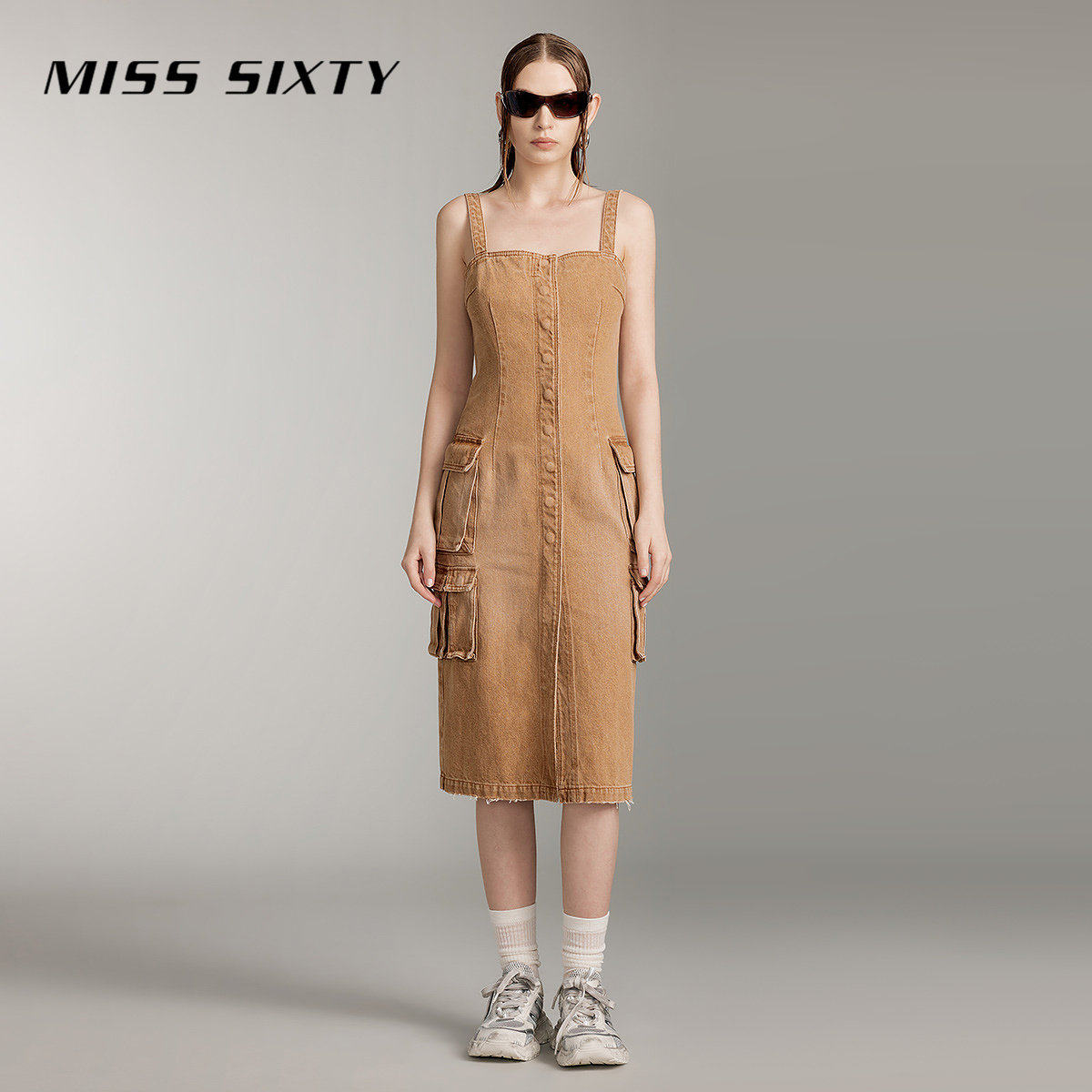Miss Sixty复古卡其色牛仔连身连衣裙女背带美式工装废土风长裙