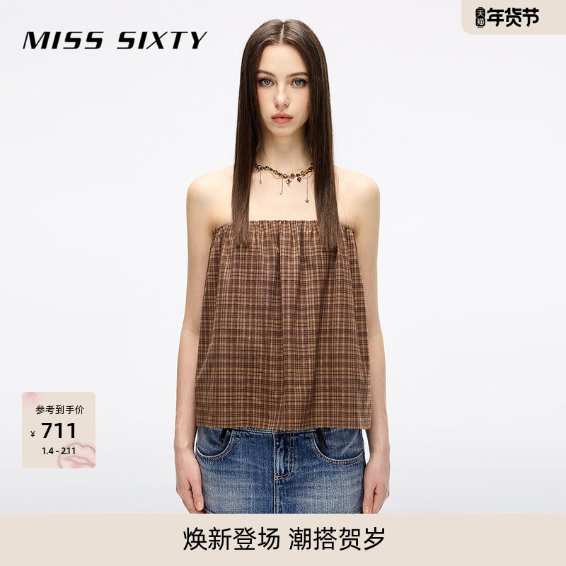 Miss Sixty2025秋季新款休闲抹胸上衣女宽松复古格纹露