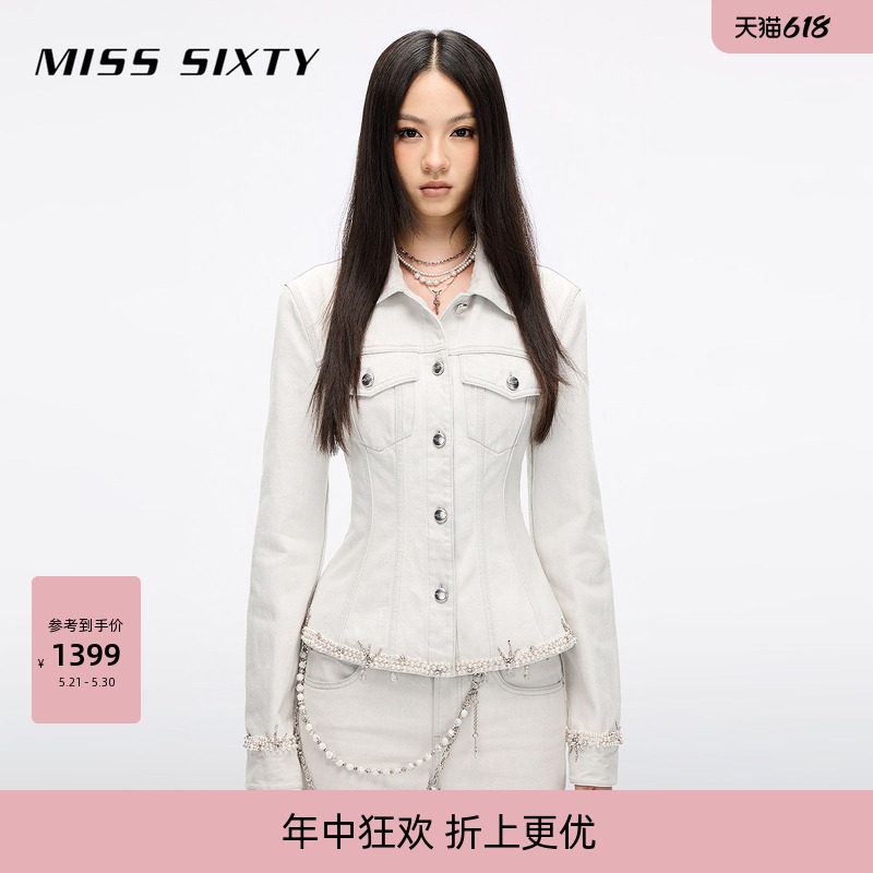 Miss Sixty秋季复古牛仔衬衫女闪钻珍珠钉珠装饰修身显瘦气