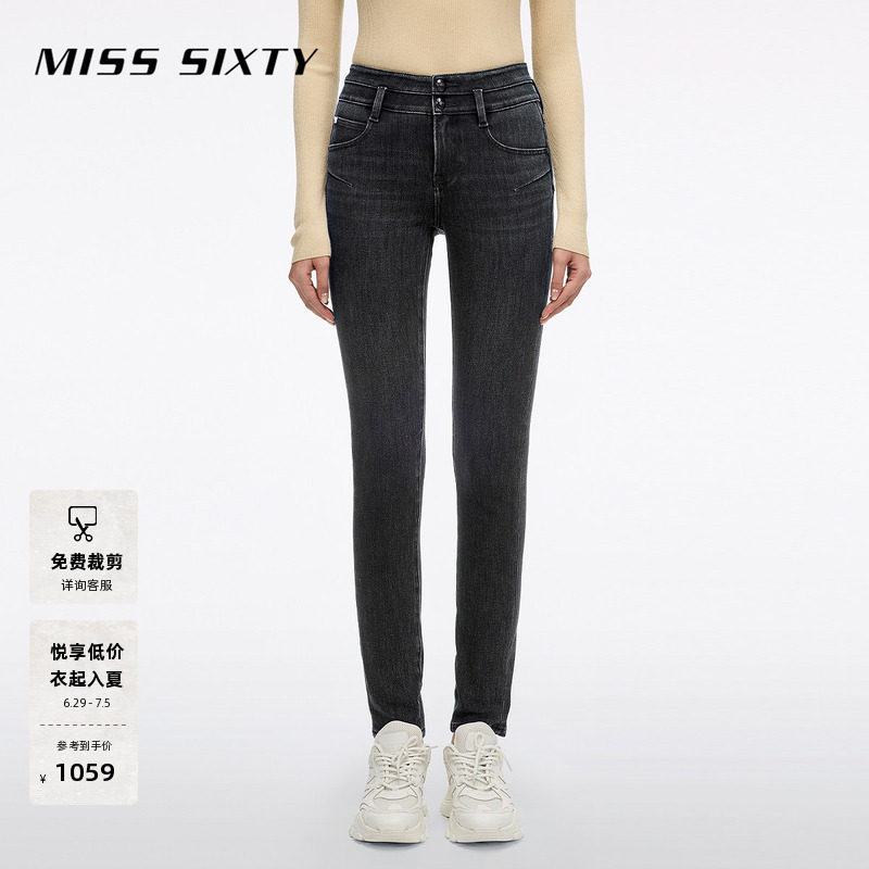 Miss Sixty冬季含羊绒复古显瘦百搭牛仔裤女双扣腰修身小脚