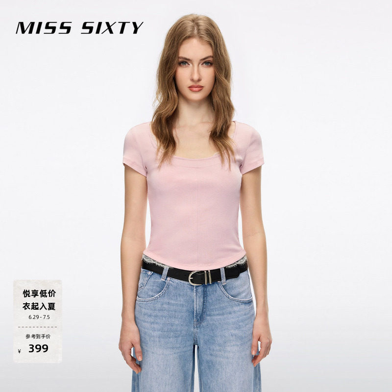 [大U领]Miss Sixty2026夏季大领口短袖T恤女蕾丝拼