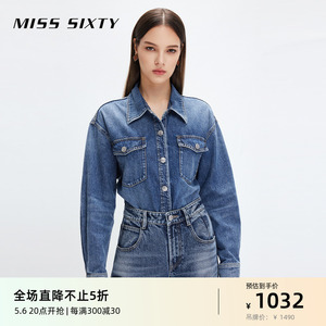 Miss Sixty牛仔衬衫女Polo领长袖复古中蓝色显瘦叠搭宽松中长款