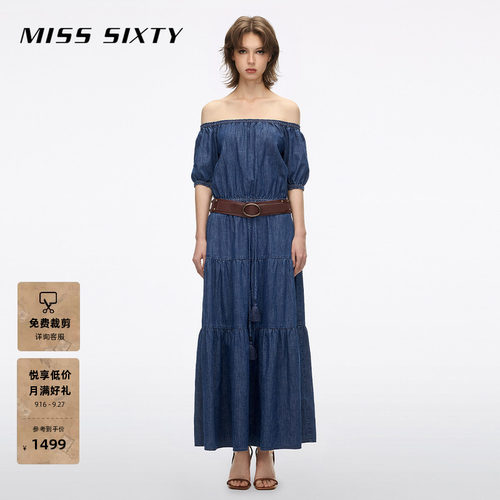 Miss Sixty2026夏季新款牛仔连衣裙女法式系带收腰附腰带长裙