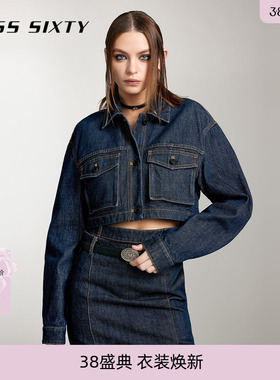 Miss Sixty牛仔外套复古黑蓝色女翻领短款美式休闲工装风口袋