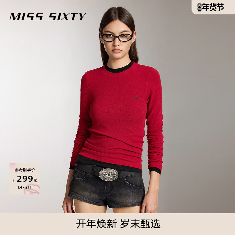 【新年穿搭】Miss SixtyT恤含羊毛针织长袖圆领内搭打底红色上衣,女装/女士精品,T恤,淘宝优惠券,粉丝福利购,淘宝优惠卷