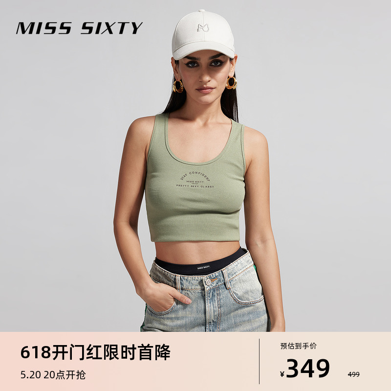 Miss Sixty2024夏季新款无袖T恤女U型领修身显瘦字母印花内搭外穿