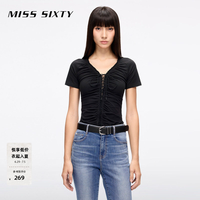 [修身]Miss Sixty2026夏季系带镂空短袖T恤女短款设