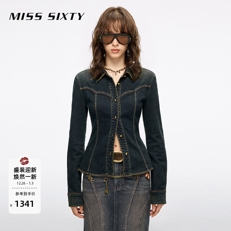 Miss Sixty2025冬季新款长袖牛仔衬衫女复古洗水翻领单