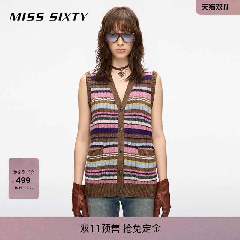 【免定金】Miss Sixty秋羊毛桑蚕丝针织马甲V领无袖条纹叠穿背心