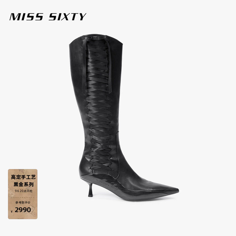 【黑金系列】Miss Sixty2026春季新款靴子女拉链绑带牛皮革高帮靴