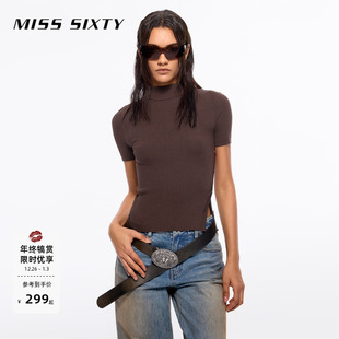 侧开衩短款 半高领短袖 上衣休闲百搭 Sixty桑蚕丝针织衫 Miss