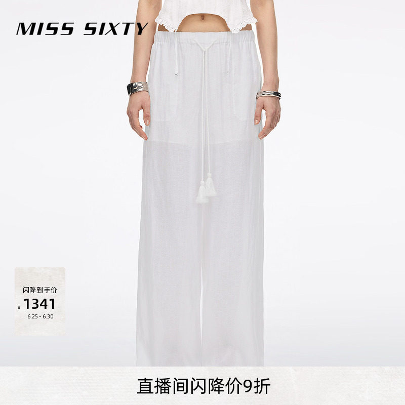 【亚麻】Miss Sixty2026夏季新款漂白色裤子女系带阔腿