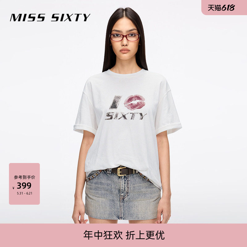 【含亚麻】Miss Sixty26夏季短袖T恤女圆领印花中长款中性风上衣