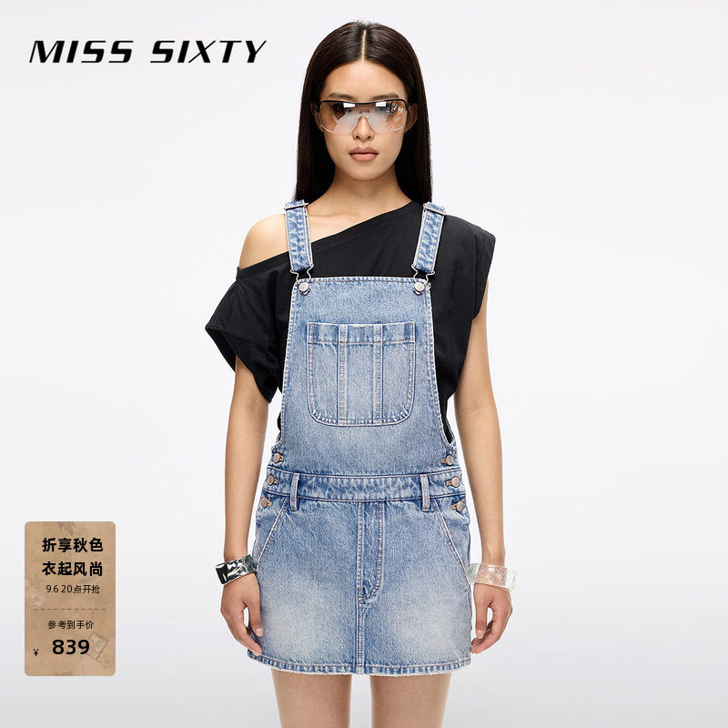 Miss Sixty牛仔背带连衣裙女复古磨破口袋减龄休闲百搭短裙小个子