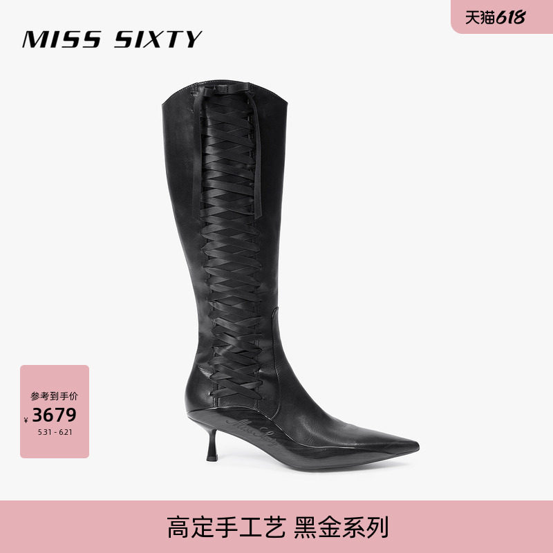 【黑金系列】Miss Sixty2026春季新款靴子女拉链绑带牛皮革高帮靴