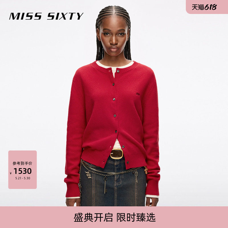 Miss Sixty冬季针织外套外搭女圆领徽标刺绣气质羊毛衫复古
