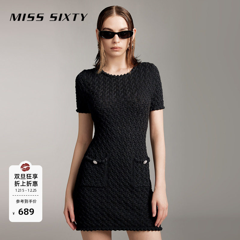 Miss Sixty针织连身连衣裙圆领钻饰小香风小黑裙短裙优雅气