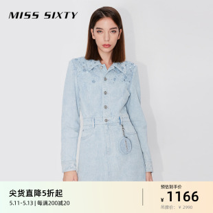 Miss Sixty牛仔气质连衣裙女肌理感重工钉珠亮片绣Polo领挂包短裙