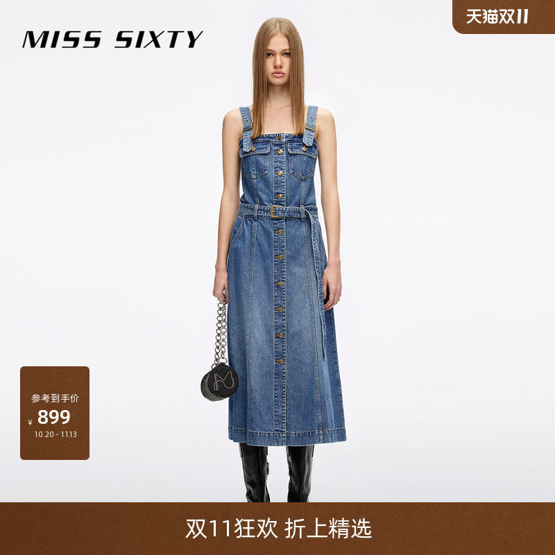 Miss Sixty2026春夏新款牛仔连衣裙女复古洗水修身配腰