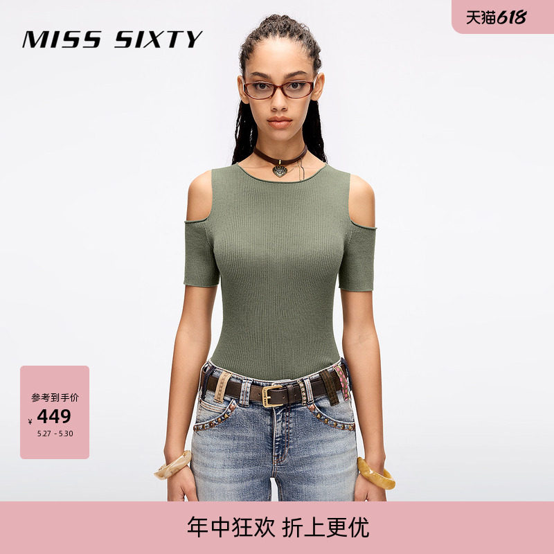 Miss Sixty2026夏季羊毛针织衫女钻饰露肩短袖显瘦短款