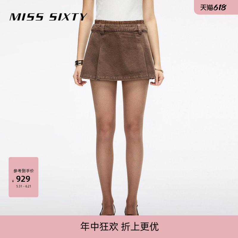 Miss Sixty秋季牛仔短裙女复古百搭格纹拼接双腰头学院风A字裙