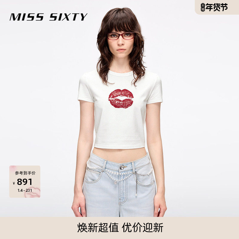 Miss Sixty2025夏季新款短袖T恤女圆领烫钻唇印弹力短款正肩上衣,女装/女士精品,T恤,淘宝优惠券,粉丝福利购,淘宝优惠卷