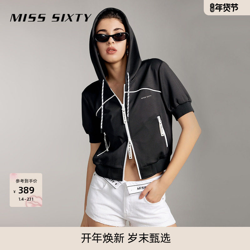 Miss Sixty时尚卫衣连帽撞色双头拉链短款上衣休闲运动风减