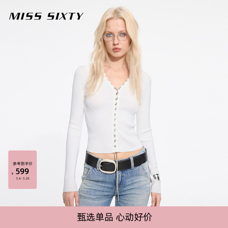 Miss Sixty2026春季针织衫女V领链条系带修身短款气质